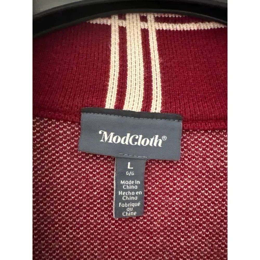 Modcloth Burgundy Cream Plaid Heavy Open Front Cardigan Sweater Large - Picture 2 of 6